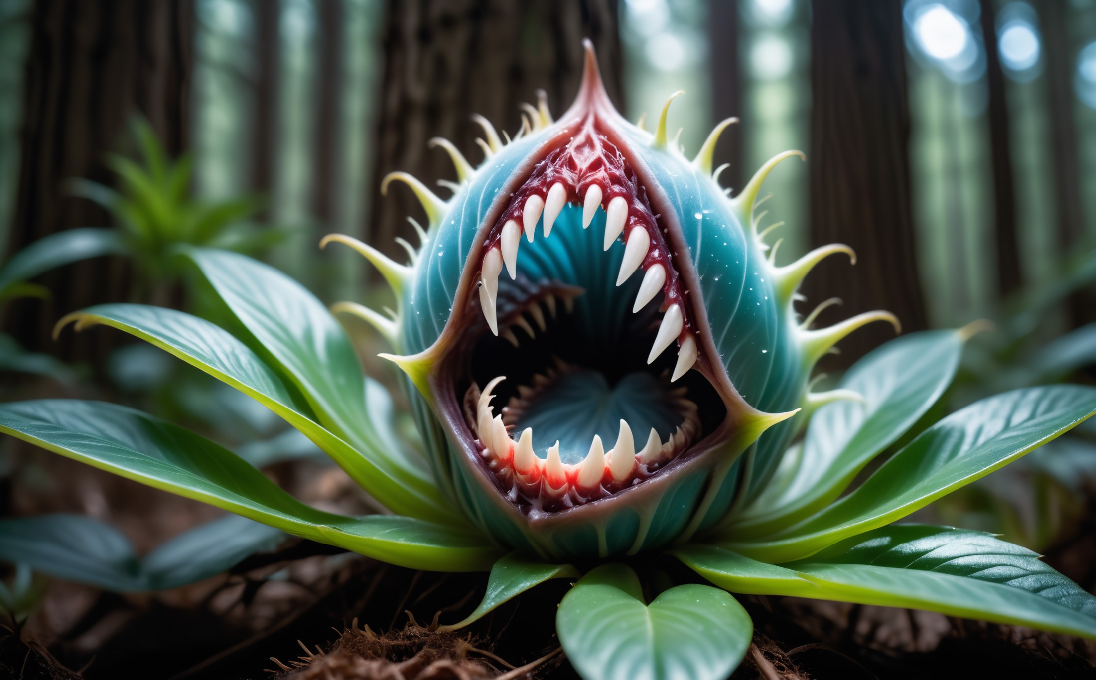 (macro photo), a flesh eating plant with a ethereal complex colors with sharp teeth, a mesmerizing bioluminescent forest, ...